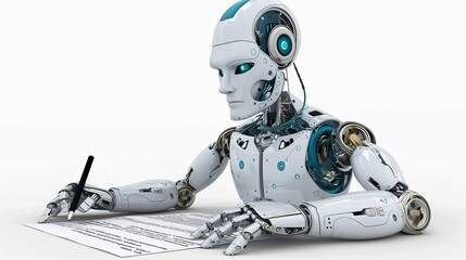 Poster - Futuristic ai robot assistant writing with pen, replacing humans, chatbot helping with homework