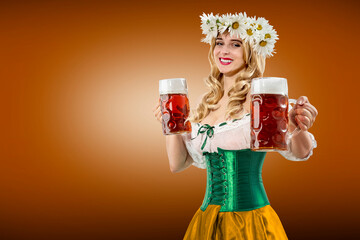 Wall Mural - Midsummer woman waitress serving big beer mugs on brown background. Blonde girl with wreath daisies flowers in her hair celebrating traditional beer festival in summer or spring