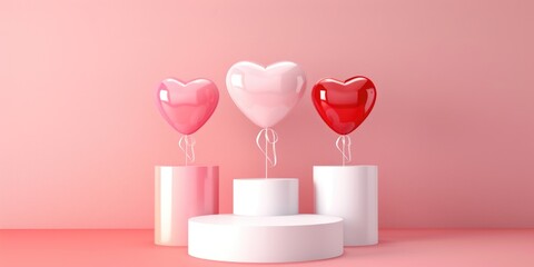 Poster - A group of three heart-shaped balloons displayed on a pedestal. Perfect for adding a touch of love and celebration to any event