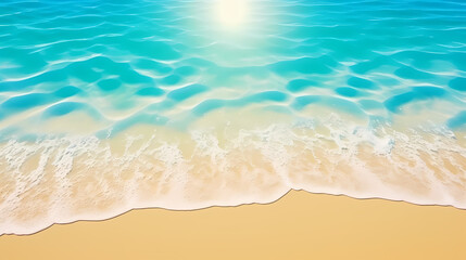  Sandy beach with light blue transparent water waves and sunlight, tranquil aerial beach scene