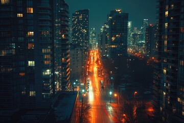 Poster - A stunning view of a city at night, captured from a high rise building. Perfect for urban and cityscape themes