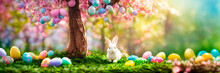 Easter Eggs And Bunny Beautiful Background. Selective Focus.