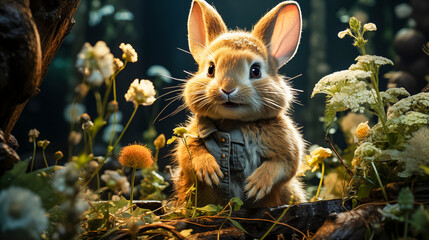 Wall Mural - Anthropomorphic Rabbit In Clothes Standing Amongst Flowers In A Magical Forest.