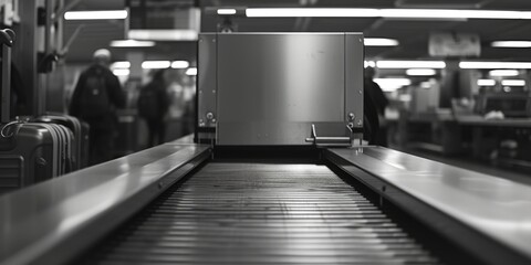 Poster - A black and white photo of a conveyor belt. Suitable for industrial and manufacturing concepts
