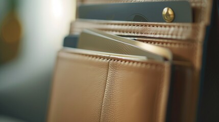 Poster - A close-up view of a wallet with a cell phone inside. Perfect for illustrating the concept of mobile payments or digital wallets