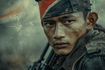 Poster - Indonesian soldier portrait. Soldier of Indonesia detailed old photography texture