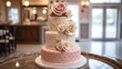 Three-tiered wedding cake princess style White and rose gold decorated with roses.	
