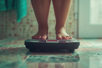 Aufkleber - A person standing on a scale on a tiled floor. Suitable for health and fitness concepts