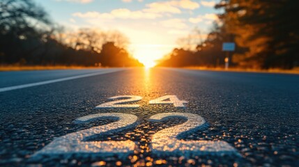 Poster - A road with the sun setting in the background. Suitable for travel, adventure, and scenic concepts