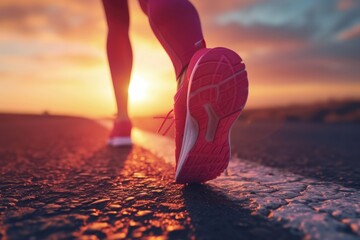 Poster - A person is walking on a road during a beautiful sunset. This image can be used to depict a peaceful evening stroll or as a metaphor for embarking on a new journey