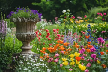 Poster - A vibrant garden filled with a variety of colorful flowers. Perfect for adding a touch of beauty and nature to any project