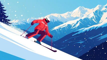 Poster - A man riding skis down a snow-covered slope. Ideal for winter sports or outdoor activities