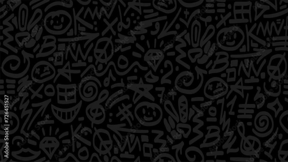 Seamless fun doodle vector pattern on black. Hand drawn sketch brush ...