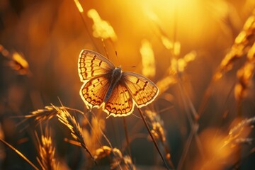 Poster - A beautiful butterfly perched on top of a lush grass-covered field. Perfect for nature enthusiasts and garden-themed designs