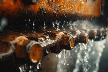 Poster - A detailed view of a pipe with water flowing out. This image can be used to depict plumbing, water supply, or infrastructure