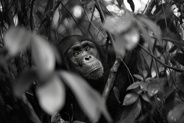 Sticker - A black and white photo of a monkey sitting in a tree. Suitable for nature or animal-themed projects