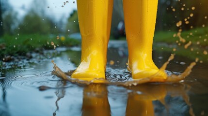Poster - A person standing in a puddle wearing yellow rain boots. Suitable for weather-related themes and outdoor activities