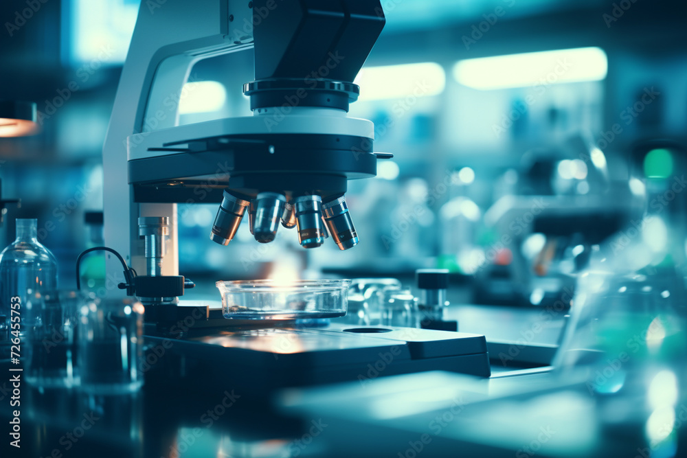 Microscope and test tubes in scientific laboratory. Medical research ...
