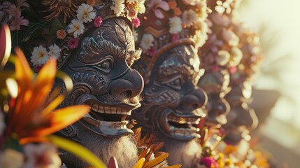 Poster - A close-up view of a group of statues adorned with colorful flowers. This image can be used to add an artistic touch to various projects