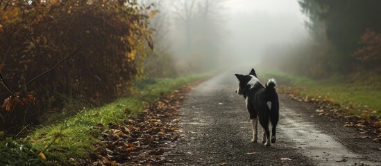 Canvas Print - Country road, misty morning, Border Collie.