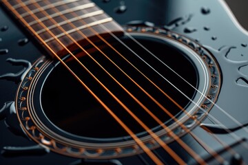 Poster - A detailed view of a guitar with water droplets on its surface. This image can be used to represent the beauty of musical instruments or the concept of music and nature coming together