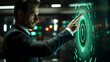Businessman touching infographic hud panel, green check mark on center circle hud panel, futuristic, in office background, wearing black suit and white shirt.
