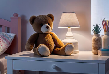 Toy teddy bear in a children's room, children's room interior design, concept of a happy and safe childhood,