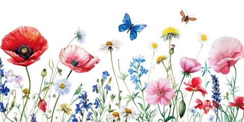 Poster - A beautiful painting of colorful flowers and butterflies on a clean white background. Perfect for adding a touch of nature and beauty to any project