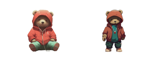 Poster - Adorable Illustrated Bears in Stylish Outfits: One Sitting in a Red Hoodie, Another Standing in a Jacket and Jeans, Both Wearing Bear-Eared