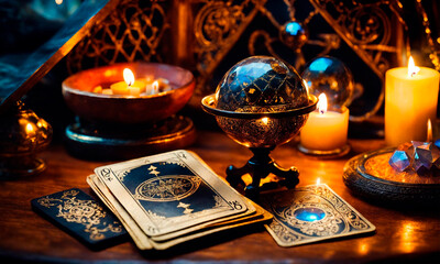 Wall Mural - Accessories and candles for fortune telling on the table. Selective focus.