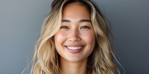 Wall Mural - A woman with long blonde hair smiling at the camera. Suitable for various purposes