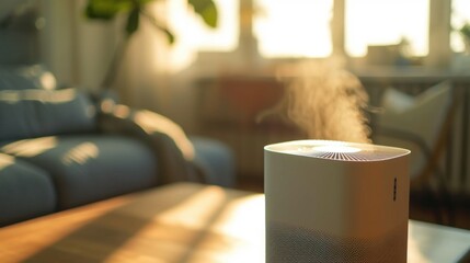 Poster - A compact and straightforward description of a humidifier sitting on top of a wooden table. This versatile image can be used in various contexts
