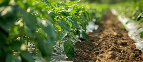 Wall Mural - Plastic film covers ground in green bell pepper plantation.