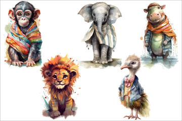 Poster - Safari Animal set lion, ostrich, elephant, hippopotamus, chimpanzee in 3d style. Isolated  illustration