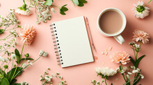 Planner On The Table Surrounded By Flowers, Pastel Beige Color