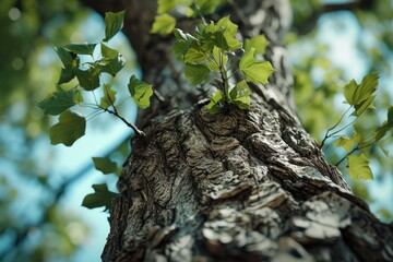 Poster - A detailed close-up view of a tree trunk covered in vibrant green leaves. This image can be used to showcase the beauty of nature and the intricate details of a tree.