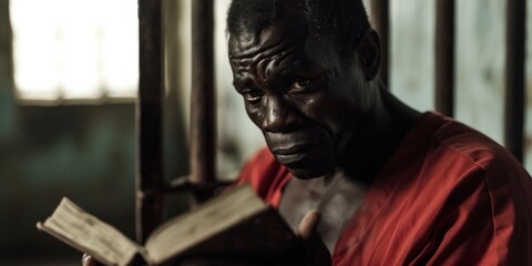 Poster - A man is seen reading a book inside a jail cell. This image can be used to depict imprisonment, solitude, or the act of seeking knowledge even in difficult circumstances