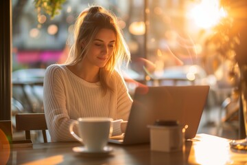 Sticker - Beautiful woman is sitting at the cafe with a laptop, freelancer, remote work