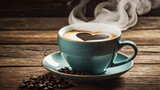 Fototapeta Mapy -  a cup of coffee with a heart on it on a saucer with a saucer and beans in it, morning, a stock photo