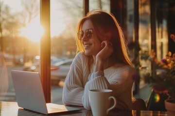 Sticker - Beautiful woman is sitting at the cafe with a laptop, freelancer, remote work