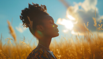 Backlit Portrait of calm happy smiling free african woman with closed eyes enjoys a beautiful moment life on the fields at sunset