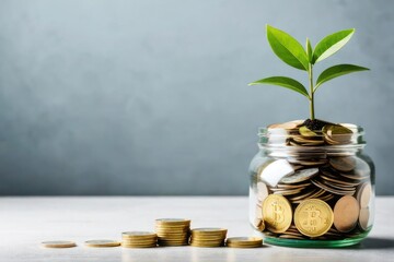 A tree grows on a coin in a glass jar with copy space finance growing concept