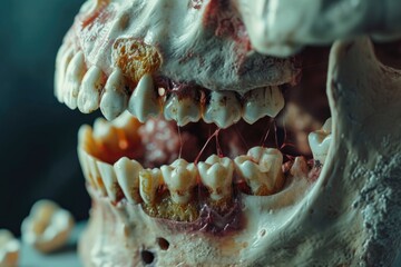 Poster - A detailed close-up view of a human skull with several missing teeth. Perfect for educational materials or Halloween-themed projects