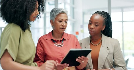 Poster - Mature businesswoman, tablet and leader for discussion or advice, online research and internet on tech. Businesspeople, collaboration and mentor for feedback on project and support in workplace