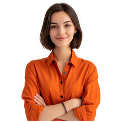 photo of attractive charming lady cute bobbed hairdo arms crossed