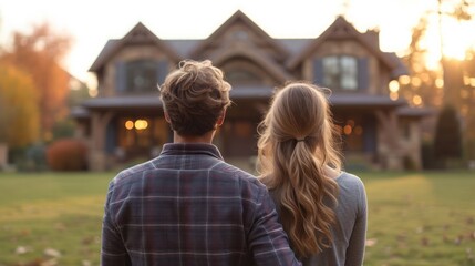 Wall Mural - Rear view of young couple looking at their new house 