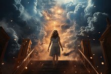 Seen from behind, a young woman takes a surreal walk up a grand staircase towards a celestial light amidst dramatic evening clouds, suggesting an otherworldly adventure.