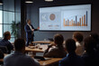 © FutureStock - Mature businessman in suit giving a presentation with various statistical data, showcasing graphs and charts to his colleagues in a conference room.