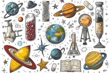Poster - A drawing featuring various science-related items. This versatile image can be used to depict scientific research, education, laboratory work, or technology advancements