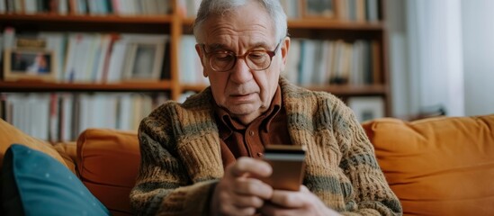 Poster - Elderly man on a couch at home using a phone and credit card.